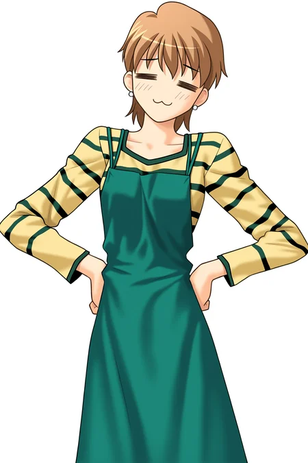 fatesnha, oekaki, 1girl, solo, blush, smile, short hair, shirt, brown hair, long sleeves, dress, jewelry, standing, closed eyes, = =, earrings, striped clothes, apron, :3, transparent background, green dress, hands on own hips, striped shirt, green apron, fujimura taiga, 
(masterpiece, best quality, absurdres, highres, newest, very awa:1.2), 