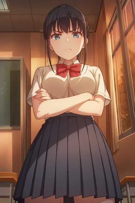 score_9, score_8_up, score_7_up, source_anime, prefect lighting, very aesthetic, intricate details, highly detailed background, masterpiece, high quality, prefect hands, best quality, solo, 1girl,
<lora:Airi_Sega_Iya_na_Kao_sare_nagara_Opantsu_Misete_Moraitai_V1-000009:.85>, blue eyes, black hair, ponytail, bangs sidelocks,
white school uniform, red bow, navy pleated skirt,
standing, looking at viewer, disgust, from below, crossed arms,
classroom, window, dusk, sunset,
(Beautiful, medium Breasts:1.2), natural breasts,