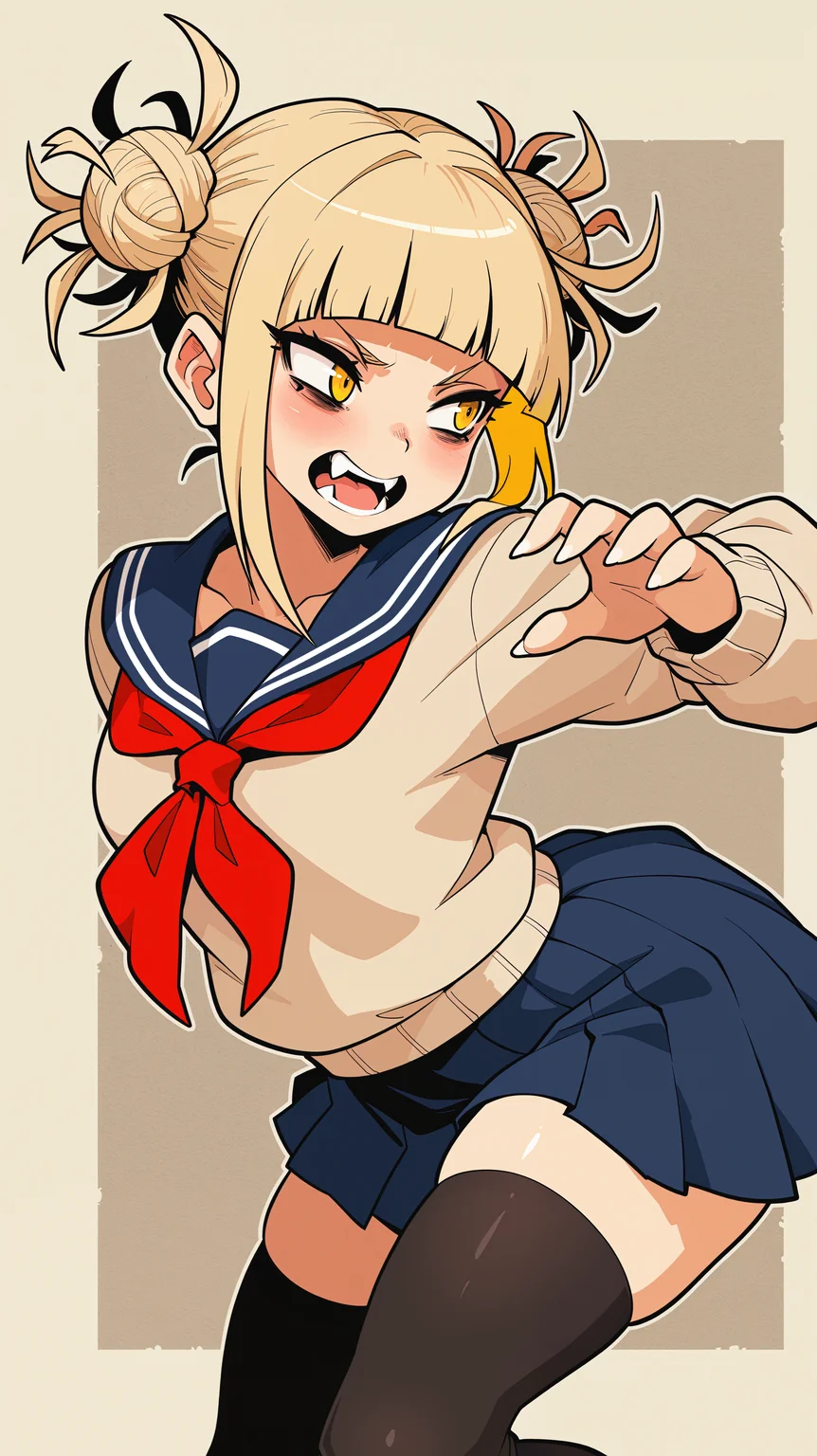 masterpiece, best quality, amazing quality, girl, <lora:Crestyle_Illu_epoch_15:0.8>, Crestyle, dynamic pose, turned away but looking back over her shoulder, Himiko Toga, blonde hair, blunt bangs, double bun, messy hair, yellow eyes, serafuku, beige sweater, blue skirt, pleated skirt, sailor collar, red neckerchief, black thighhighs, fangs, simple background, textured background, paper texture, solo,