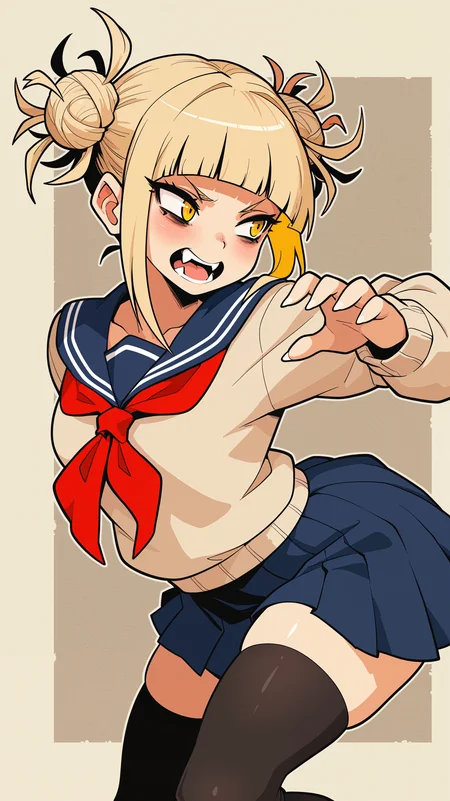 masterpiece, best quality, amazing quality, girl, <lora:Crestyle_Illu_epoch_15:0.8>, Crestyle, dynamic pose, turned away but looking back over her shoulder, Himiko Toga, blonde hair, blunt bangs, double bun, messy hair, yellow eyes, serafuku, beige sweater, blue skirt, pleated skirt, sailor collar, red neckerchief, black thighhighs, fangs, simple background, textured background, paper texture, solo,