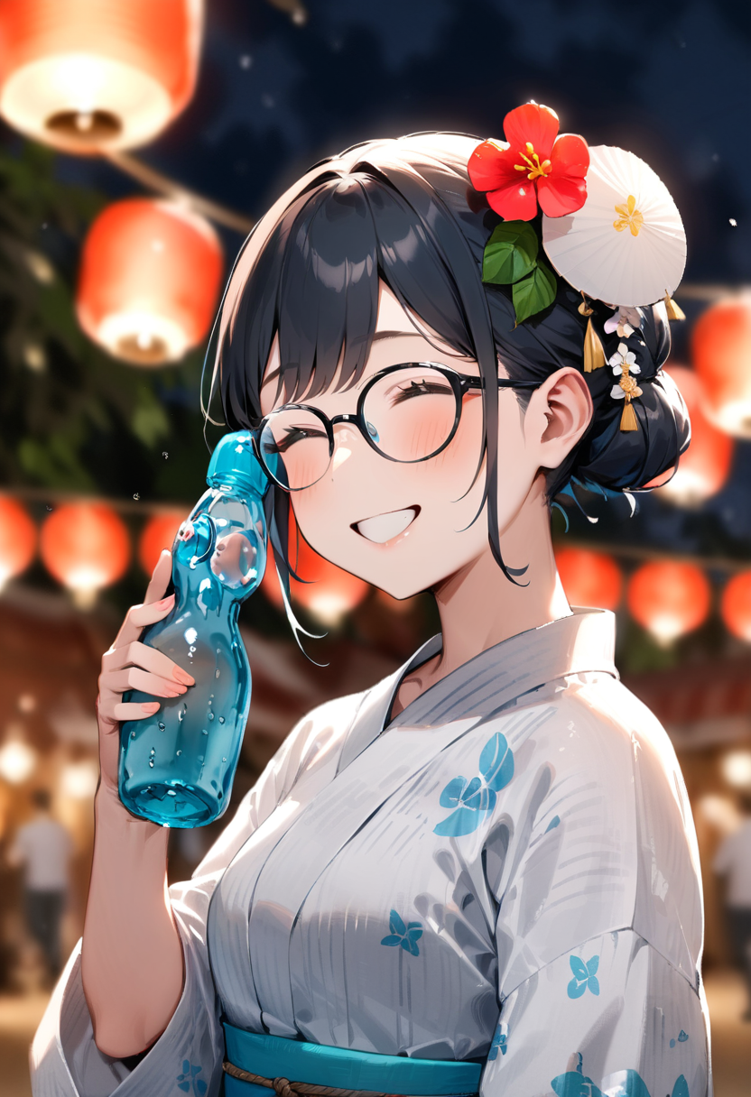 masterpiece, best quality, very aesthetic, absurdres,
ramune, food, bottle, 1girl, solo, holding bottle, blurry background, depth of field, holding, glasses, happy, smile, yukata, uchiwa, hair bun, hair ornament, hair flower, paper fan, paper lantern, night, summer, upper body, 
 <lora:ramune_SDXL_V1:1>