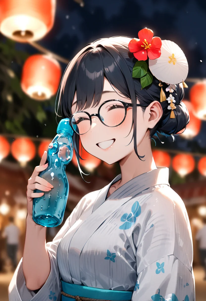 masterpiece, best quality, very aesthetic, absurdres,
ramune, food, bottle, 1girl, solo, holding bottle, blurry background, depth of field, holding, glasses, happy, smile, yukata, uchiwa, hair bun, hair ornament, hair flower, paper fan, paper lantern, night, summer, upper body, 
 <lora:ramune_SDXL_V1:1>