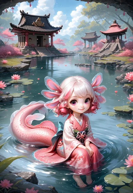 Expressiveh, EyesHD, traditional media, AIU, score_9, score_8_up, score_7_up, score_6_up, _Style, high quality, extremely detailed, detailed background, very cute girl, Cartoon_Type, <lora:AxolotlWorld_Concept:1>, AxolotlWorldXLP, detailed scales, thick tail, pink highlights, cute bangs, axolotl girl, ancient temple in background, freckles, colored skin, monster girl, short, elegant kimono, swamp, sitting, floating in water, cute, smile, barefoot, white hair, looking down, legs in water,