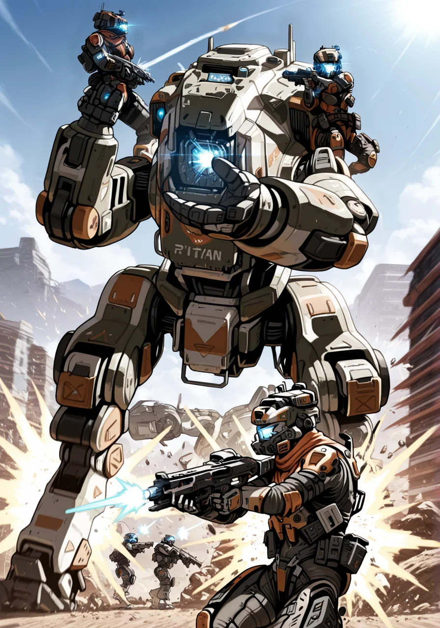 embedding:IllusP0s, pilot_\(titanfall\), titan_\(titanfall\), mecha, assault rifle, shooting pose, firing,<lora:titanfall.safetensors:1.0:1.0>