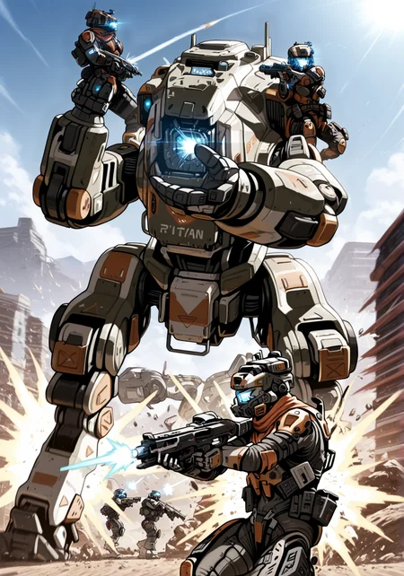 embedding:IllusP0s, pilot_\(titanfall\), titan_\(titanfall\), mecha, assault rifle, shooting pose, firing,<lora:titanfall.safetensors:1.0:1.0>