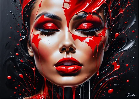 (acrylic painting:1.1), Lips with lipstick like liquid shiny red paint, flowing, dripping, tempting shot, light skin, black background, highly detailed, glamour, (only uses 256 different shades in total), (brush strokes:0.6), high contrast, (paint drips:0.5), stark, (dripping paint0.5), (splatters:0.5), (dramatic:0.4), (photorealistic:0.2), <lora:paintmgc:0.5> paintmgc, red paint,
 <lora:MS_AcrylicArt_V1_SDXL:0.8> acrylic_painting, painting, brush strokes, paint drops, paint splatter