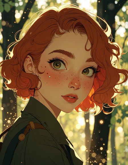 Anime style.
a kawaii redhead girl with freckles looking at the camera. cute face, She has big red almond eyes and is looking at the camera. in the background there is a tree.