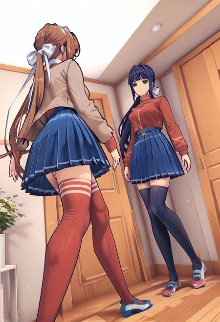 masterpiece, best quality, highres, best quality,
score_9, score_8_up, score_7_up, score_6_up, score_5_up, score_4_up, source_anime,
BREAK,
(2girls), 2 girls, mita_evil, blue eyes, blue hair, long hair, twintails, scrunchie, red sweater, pleated skirt, blue skirt, red thighhighs, 
BREAK,
monika, blunt bangs, brown hair, green eyes, long hair, ponytail, ribbon, white ribbon, hair ribbon, sidelocks, medium breasts, black thighhighs, blue skirt, brown jacket, jacket, long sleeves, over-kneehighs, pleated skirt, school uniform, skirt, thighhighs, zettai ryouiki, 
BREAK,
ApproachingMeMeme, dutch angle, walking