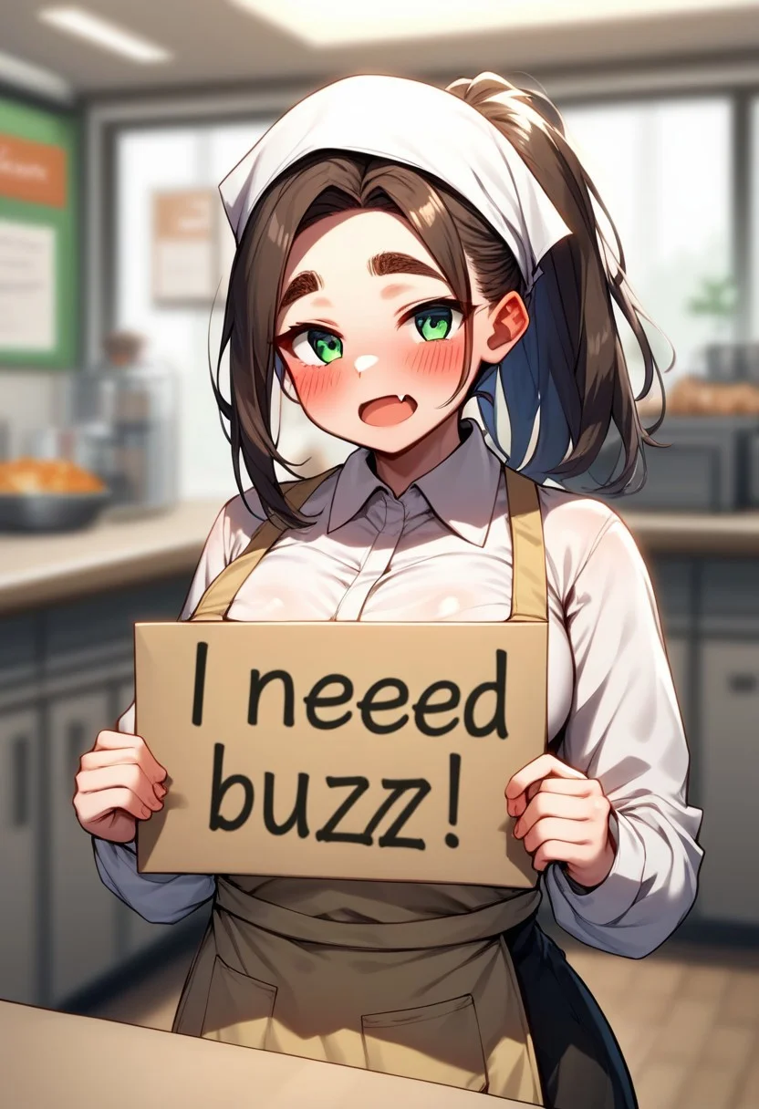 score_9, score_8_up, score_7_up, score_6_up, blurry, depth_of_field, apron, blurry_foreground, skin_fang, 1girl, blurry_background, fang, solo, green_eyes, head_scarf, breasts, large_breasts, thick_eyebrows, blush, employee_uniform, open_mouth, looking_at_viewer, indoors, ponytail, long_sleeves, shirt, long_hair, eyebrows_visible_through_hair, brown_hair, need_buzz, holding sign
