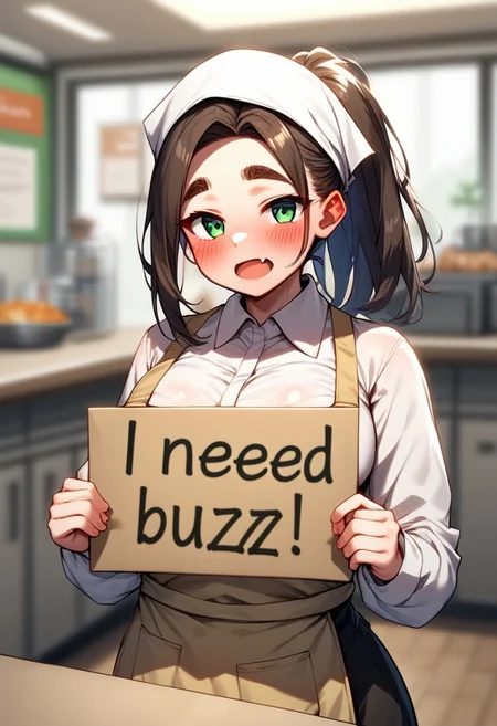 score_9, score_8_up, score_7_up, score_6_up, blurry, depth_of_field, apron, blurry_foreground, skin_fang, 1girl, blurry_background, fang, solo, green_eyes, head_scarf, breasts, large_breasts, thick_eyebrows, blush, employee_uniform, open_mouth, looking_at_viewer, indoors, ponytail, long_sleeves, shirt, long_hair, eyebrows_visible_through_hair, brown_hair, need_buzz, holding sign