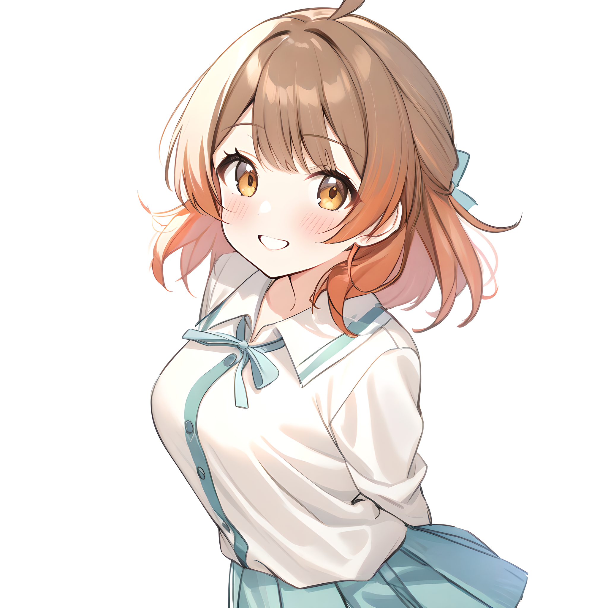hanami_ume, 1girl, solo, skirt, brown hair, white background, simple background, ahoge, arms behind back, shirt, smile, looking at viewer, blush, pleated skirt, white shirt, brown eyes <lora:XL-HanamiUme:1>
