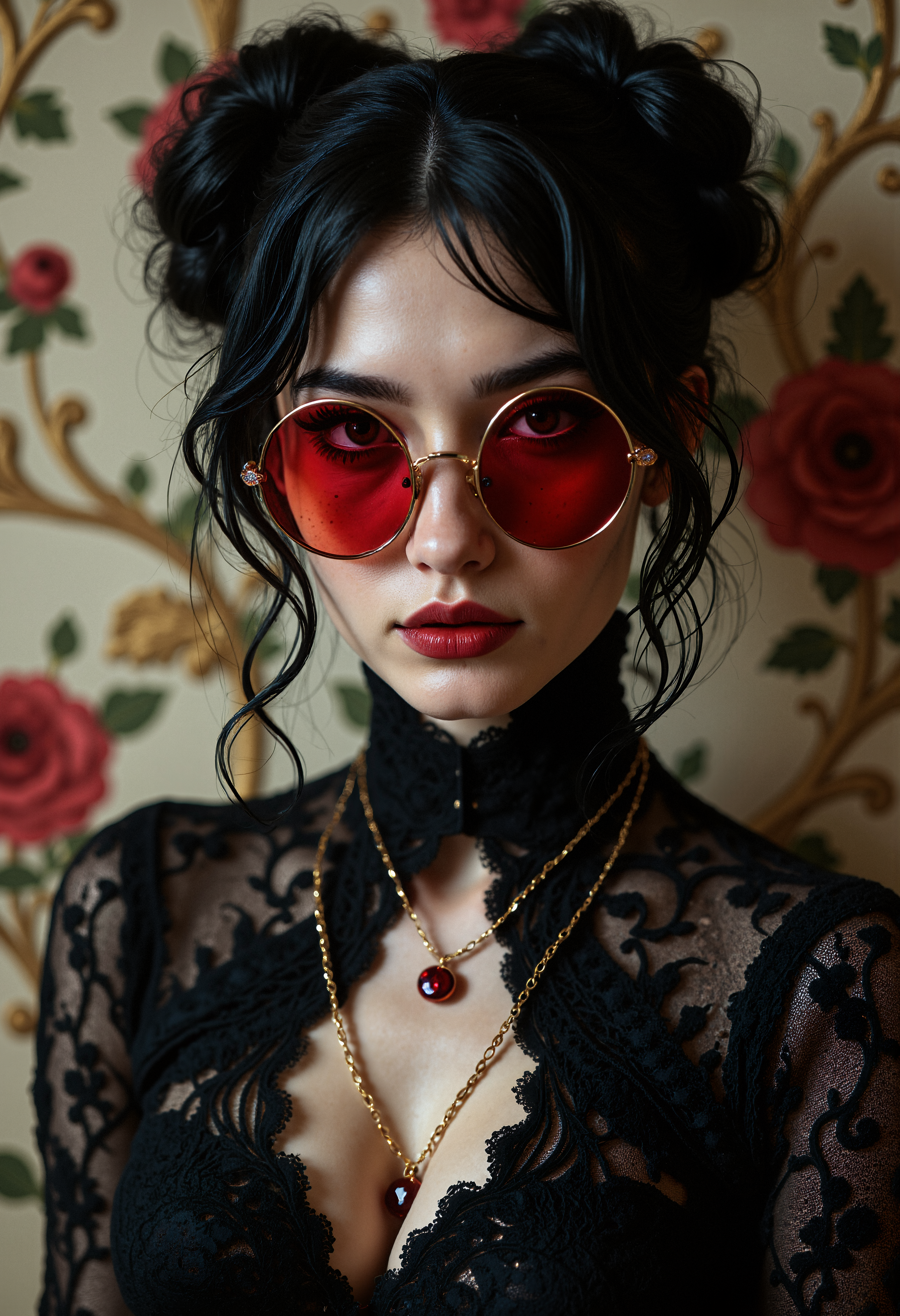 A hyper-realistic portrait of a young woman with a pale complexion, featuring round red-tinted sunglasses. She has black hair styled in loose, wavy updos with strands framing her face. Her lips are full and painted in a glossy red, and she has light freckles across her nose and cheeks. She wears a high-necked, semi-transparent black lace dress with intricate floral patterns that reveal a hint of her skin underneath. Around her neck, she has two delicate necklaces with red gemstone pendants, one shaped like a flower. The background is a vintage, ornate wallpaper in beige and red tones with floral designs, enhancing the elegant and slightly gothic aesthetic of the scene. The lighting is soft and evenly distributed, highlighting her face and the textures of her attire, creating a mysterious and sophisticated atmosphere.   <lora:flux_vividizer:0.8> <lora:aidmaImageUpgrader-FLUX-V0.1:0.33> detailmaximizer,
