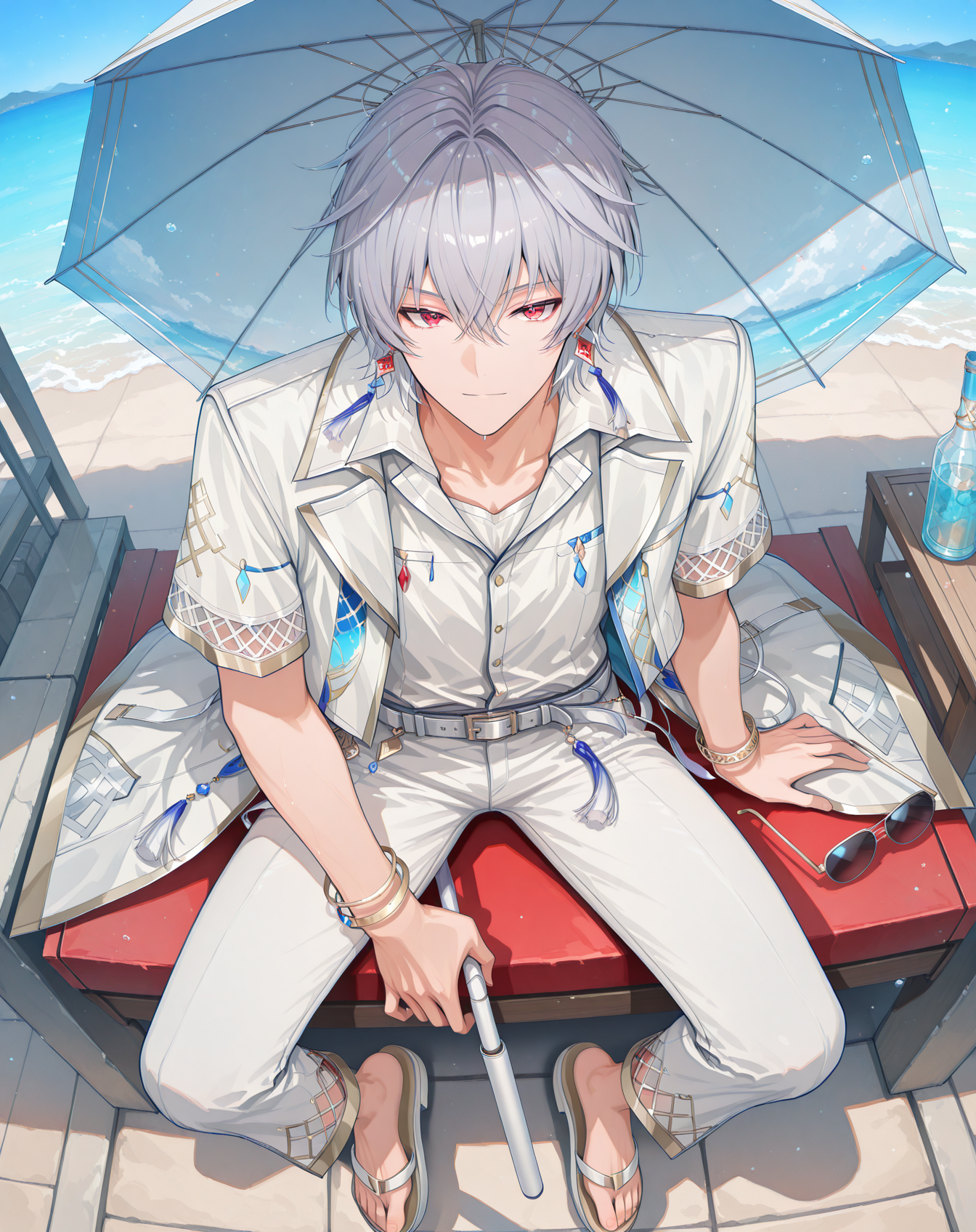masterpiece, best quality, absurdres, very aesthetic,
1boy, solo, yaoi, male focus,
full body, from above, sitting, close-up, looking at viewer,
<lora:AsinT_Summer_ilxl:1> asintsummer, red eyes, short hair, grey hair, hair between eyes,
white pants, white shirt, belt, unworn eyewear, sandals, holding umbrella, short sleeves, collared shirt, tassel, sunglasses, white jacket, white coat,
jewelry, earrings, bracelet, toenails,
outdoors, day, blue sky,