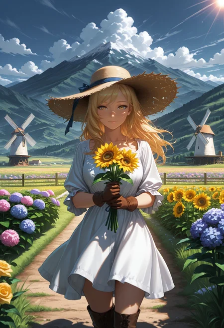 Smooth Quality, 1girl, solo, light smile, basket, blonde hair, blue sky, boots, bouquet, cloud, cloudy sky, daisy, dandelion, day, field, flower, flower field, flower pot, garden, gloves, grass, hat, hill, holding bouquet, holding flower, hydrangea, long hair, mountain, mountainous horizon, orange flower, outdoors, pink flower, plant, potted plant, purple flower, rose, scenery, sky, straw hat, sun hat, sunflower, sunset, tulip, windmill, wooden fence, yellow flower, yellow rose, cowboy shot,