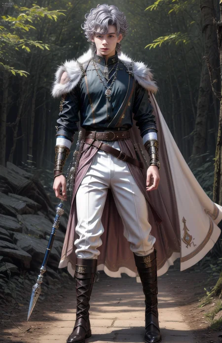 8k, wolf prince, ((masterpiece)).((best quality:1.2)), sharp focus, full body, head to toe, 1 young man, 22 years old, youthful appearance, male focus, dynamic pose, silver colored hair, curly hair, EYESHD, small testicle bulge, Nora outfit fur accents, Nora outfit bead necklaces, Nora outfit pants, Nora outfit hip quiver, Nora outfit leg guards, Nora outfit arm braces, Nora outfit belt with pouches, and Nora outfit fur boots, defined body, thin waist, looking at camera, armor, detailed background a wooded clearing, a pet wolf standing nest to him,(absurdres) , <lora:more_details:0.5>, <lora:wrenchftmfshn>,<lora:add-detailxl:0.8>, <lora:Eyes_High_Definition-000007>, , <lora:lightup_brightness_v200:1>, <lora:Nora:1>