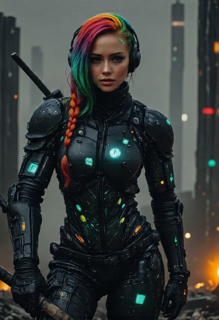 Monochrome Manga Sketch, Dystopian sci-fi themed, analog photo, highly detailed, an upper body shot of a space knight standing in the ruins of a forgotten celestial temple. Her synthetic, translucent armor glimmers faintly with a bleached neon glow, its surfaces embedded with intricate circuits and microchips that pulse with uneven, flickering light. The armor is sleek yet battle-worn, with visible cracks revealing tangled wires beneath the surface. Neon veins of green, blue, and pale orange streak through the translucent material, illuminating her form in ghostly hues. Her pauldrons and breastplate seem weightless, their edges shimmering like fractured glass, while faint vapor trails drift from her body into the dim atmosphere. Volumetric light, atmospheric lighting, volumetric dust,
Her face is framed by a transparent, helmet-like crown adorned with glowing symbols that hover and rotate, casting faint patterns across her expression. Her eyes burn with a cold, white-blue intensity, reflecting her unwavering resolve. Her Long braided rainbow hair glows faintly where it meets the ambient light, as though charged with latent energy.
In her hand, she holds a massive sword forged from the same translucent, glowing material as her armor, its edge radiating a pale, lethal light that cuts through the heavy mist surrounding her.