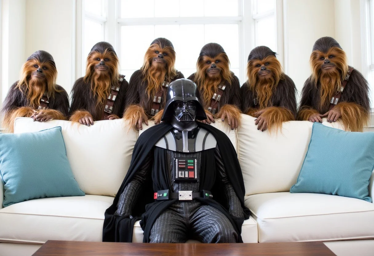 A surreal and comedic scene featuring Darth Vader placed on the seat of a pristine white couch in a modern living room. Behind the couch, five time chewbacca stand side by side, visible from the waist up above the couch’s backrest. All five are intently staring at Darth Vader with an air of determination and rivalry. The room is brightly lit, with light blue and white cushions accentuating the couch, providing a cozy and modern contrast to the quirky and absurd characters