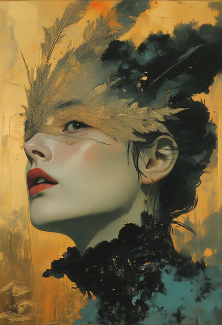 A surreal gongbihua portrait of a woman with a striking, almost otherworldly appearance. She is captured in a three-quarter view, with her face and shoulders prominently displayed against a gold foil background. Her skin is pale, and her facial features are finely sculpted with sharp, defined contours. She has dark, wavy hair that is pulled back, allowing the focus to remain on her face. Her eyes are a striking, intense blue, and she wears an elaborate, veil that covers her entire face except for her lips, which are painted a muted pink. The veil is intricately designed with a delicate, feather-like texture that radiates outward from her face, creating a dramatic and ethereal effect. The feathers add a luxurious and almost regal aura to her appearance. She is adorned with a high collar made of dark, fluffy feathers, which adds to the exotic and fantastical nature of the image. The textures in the feathers are meticulously rendered, with each individual feather's details visible, enhancing the realism of the artwork. The overall composition is both elegant and mysterious, evoking a sense of ancient mythology or fantasy. shanshui