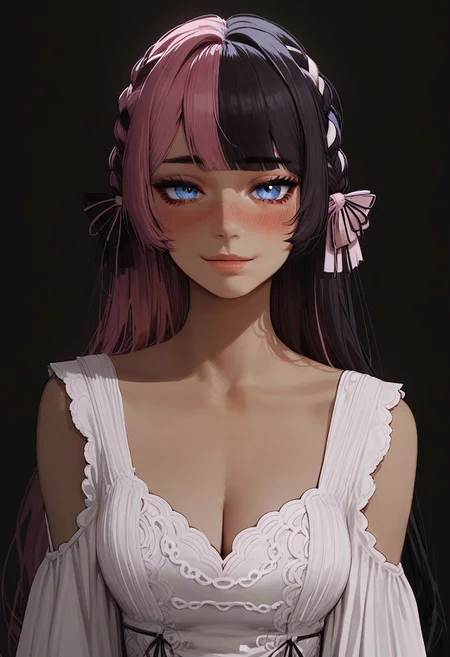 score_9, score_8_up, score_8. score_9, score_8_up, score_7_up, score_6_up, masterpiece, 4k, high quality, (best quality:1.1), ExpressiveH,(close up)
1girl, TachibanaHinano, two-tone hair, long hair, french braid, hair bow, medium breasts, blushing, looking at viewer, seductive smile, g0dd3ss, white dress, cleavage
black background