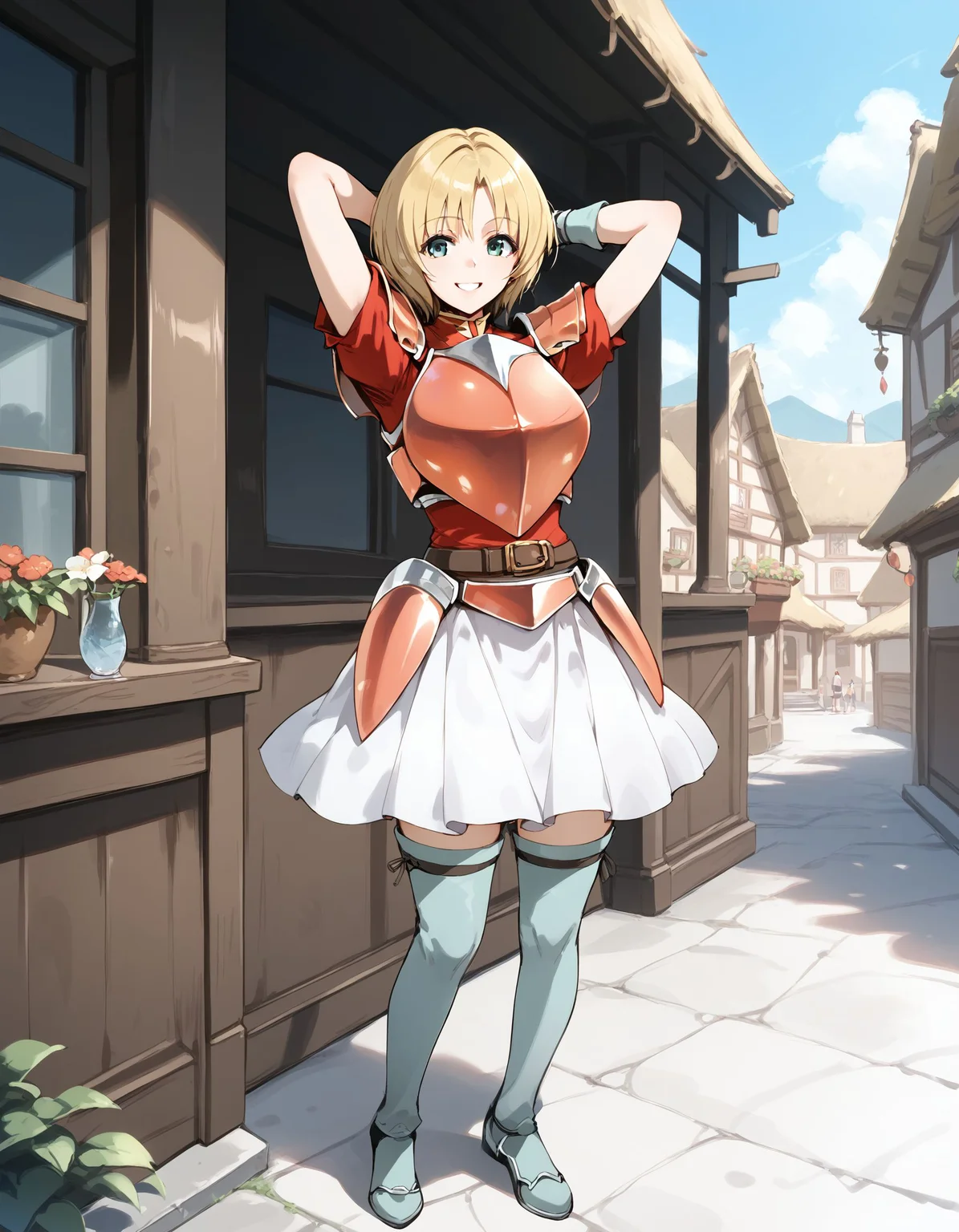 score_9, score_8_up, score_7_up, score_6_up, BREAK source_anime, best quality, masterpiece,
1girl,<lora:amelia fessPonyXL:0.8>,amelia fess,fingerless gloves,shoulder armor,breastplate,red shirt,belt,hip armor,skirt,thigh boots,full body,standing,smile,looking at viewer,village,arms behind head