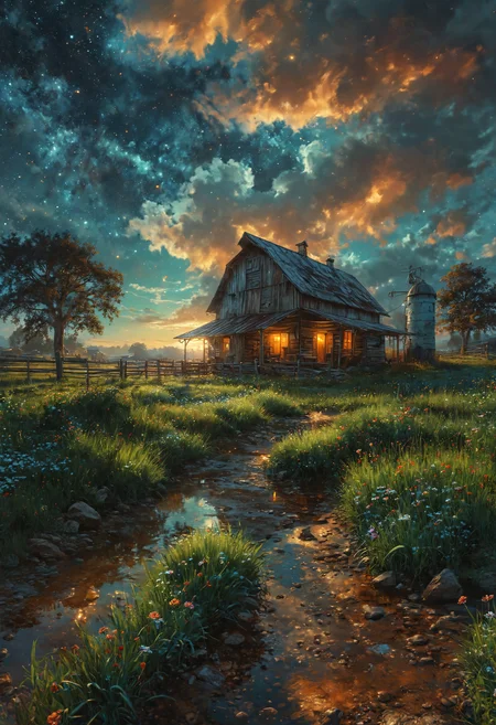 A farm in the night covered by night lights late at night with stars, milky way galaxy, midnight, serene, highly detailed oil painting, unreal 5 render, rhads, Bruce Pennington, Studio Ghibli, tim hildebrandt, digital art, octane render, beautiful composition, trending on artstation, award-winning photograph, masterpiece <lora:add-detail-xl:1> <lora:MJ52:0.5>