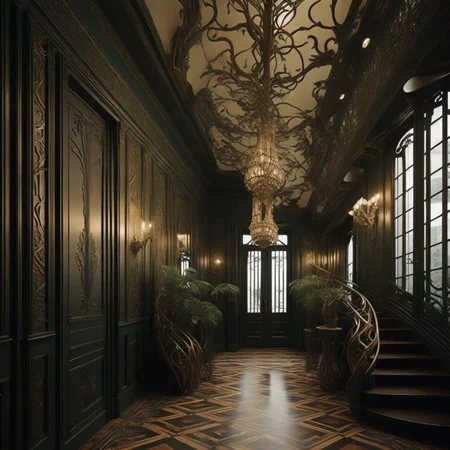 <lyco:art_nouveau_style_interior_design_Sa_May:1.0> art nouveau interior hallway with steps and designs