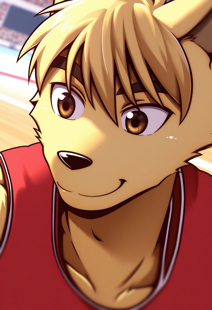 <lora:DanielDxO_ILLXL:1>, daniel, dingo boy, blond fur, blond hair, short hair, dog tail, brown eyes, no humans, perfecteyes, furry male, furry, anthro, 1boy, solo, muscular, athletic build, large pectorals, beautiful, highres, absurdres, hyper-detailed, depth of field, very aesthetic, soft shading, high sharpness, vibrant colors, dynamic angle, semi-realistic lighting, detailed background, basketball court, red tank top, red shorts, sportswear, face focus, close up, portrait, smile, ^_^