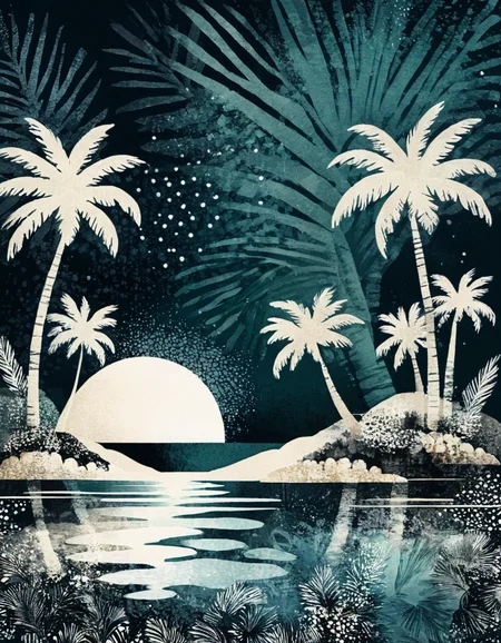 novuschroma style tiny island at night with palm trees illustration with patterns <lora:108_novuschroma_1:1>