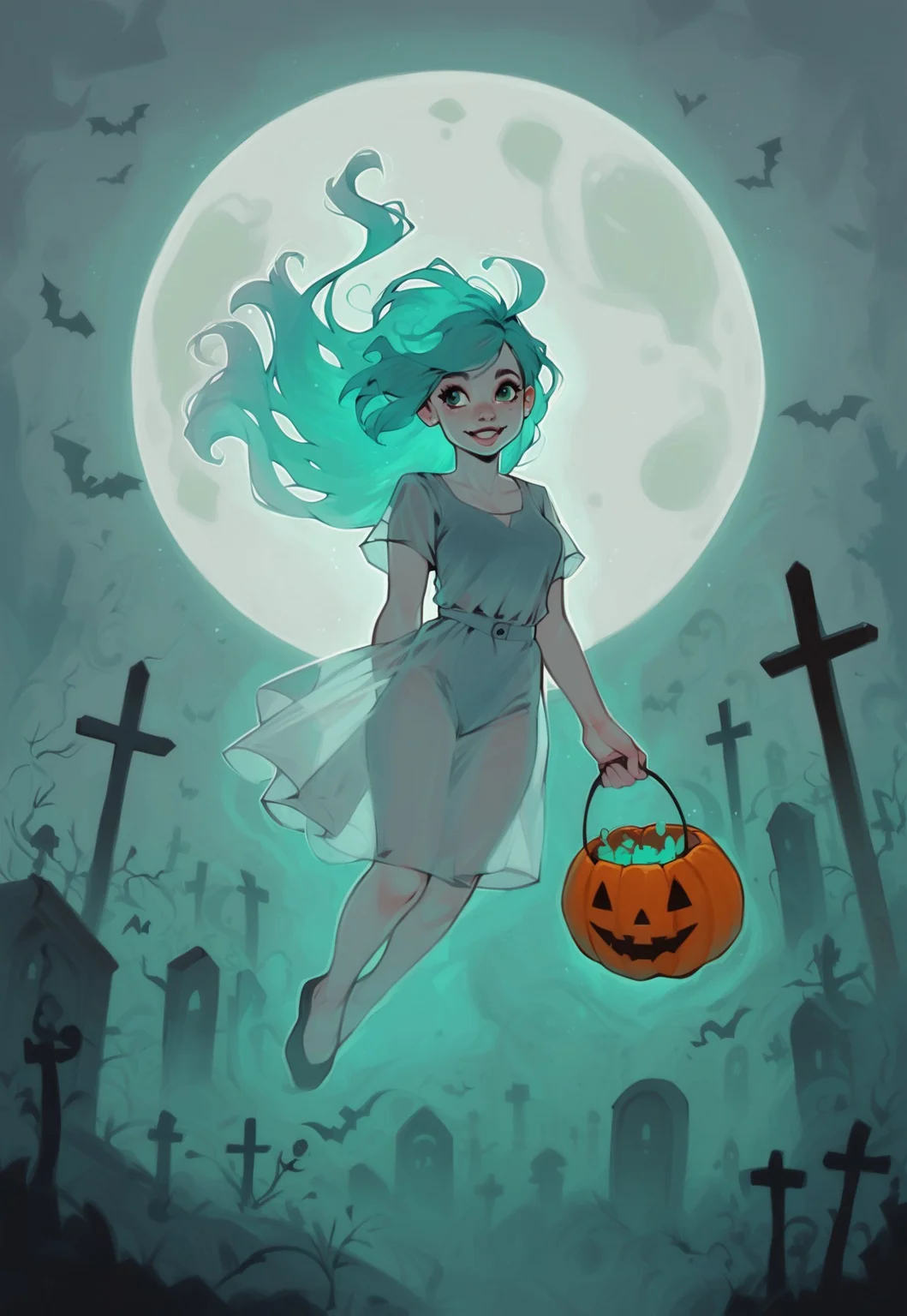 score_9, score_8_up, score_7_up, score_6_up, ghost girl, ghost, spirit, 1girl, cute, white skin, translucent skin, translucent hair, floating, floating hair, mysterious mist, closeup, halloween, pumpkin, moon, cemetery, green fog