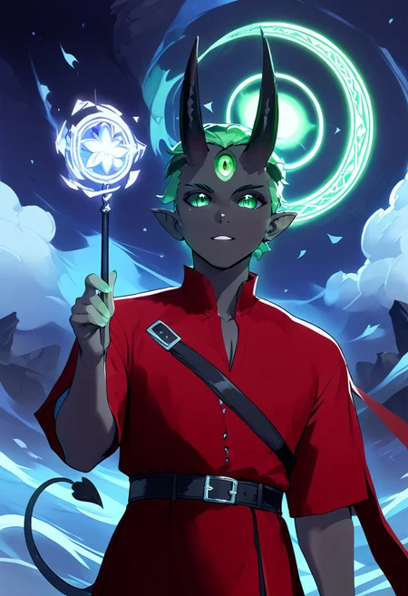 score_9, score_8_up, score_7_up, cyb3rn0va, te'kharoth, third eye, tail, horns, 1boy, sorcerer, green eyes, red tunic, magical circle, mystical aura, ethereal fog, outdoors, night, clouds, holding, wand, glowing,