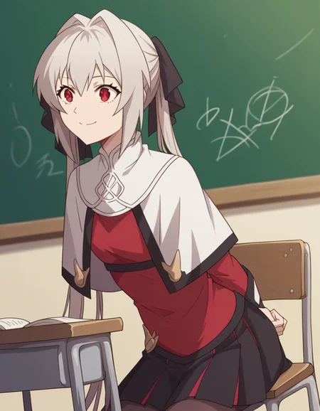 score_9, score_8_up, score_7_up, source_anime, <lora:lynneburg-clays-s1-ponyxl-lora-nochekaiser:1>, lynneburg clays, long hair, red eyes, twintails, grey hair, hair intakes, hair ribbon,, pantyhose, capelet, white capelet, dress, red dress, long sleeves, skirt, black skirt, pleated skirt,, classroom, chalkboard, day time, studying, sitting, chair, desk,, , , hands behind back, bent over, smile, solo,, cowboy shot, dutch angle
