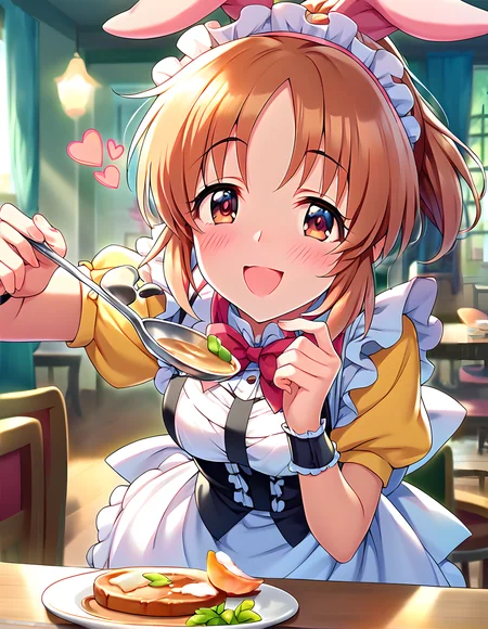 <lora:pony_xl_abe nana:0.8>,abe nana,score_9,score_8_up,score_7_up,source_anime,1girl,adorable_girl,looking at viewer,:d,smile,(blush:1.2),(heart shaped effects:1.2),maid tea,maid,(girl holds out dish-ridden spoon to viewers:1.2),(put your hands in front of you with a spoon:1.2),a spoon on a dish,holding a spoon,stick the spoon forward,spoon closer to the screen,Open your mouth.,leaning_forward,front view,upper_body,