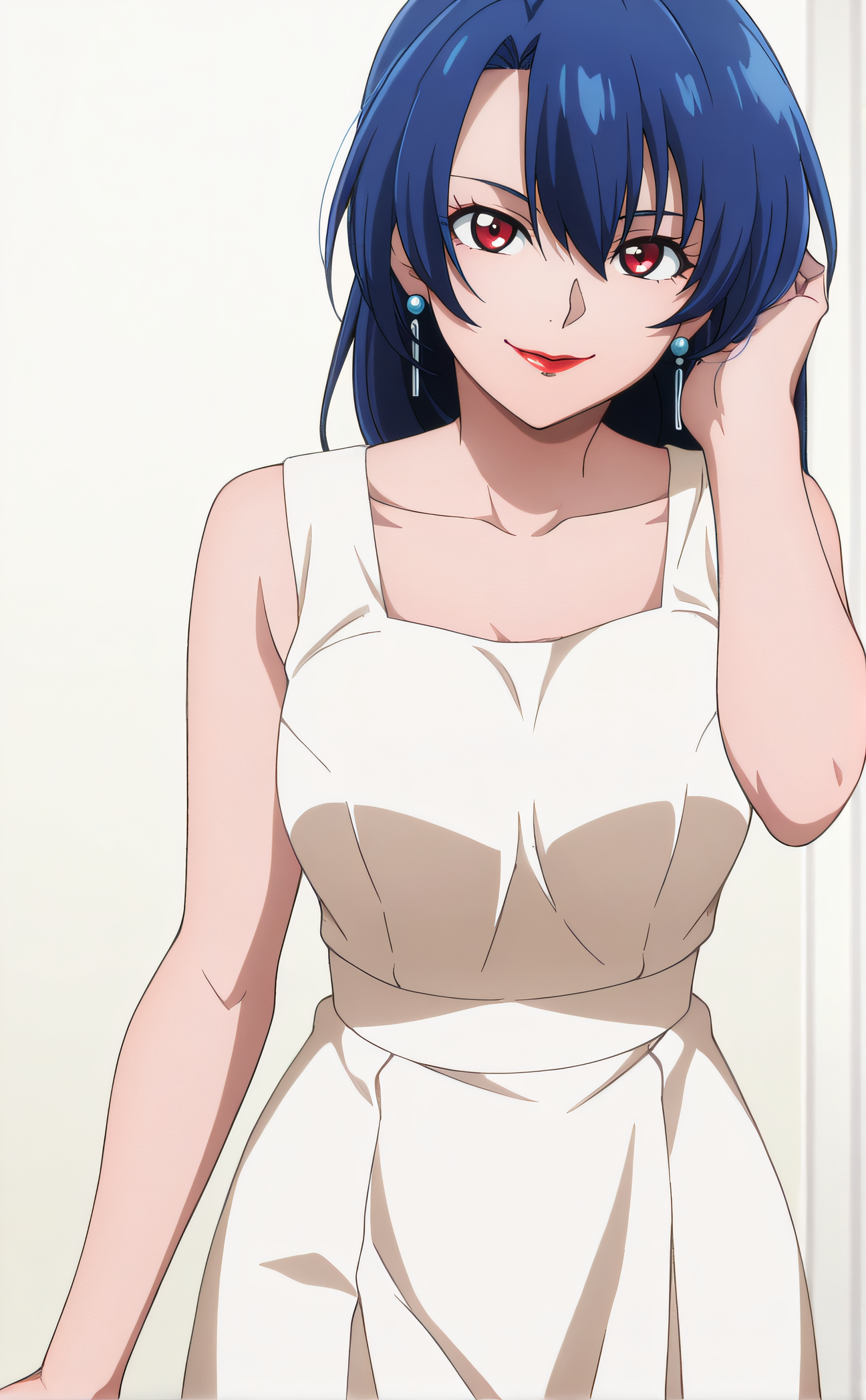 masterpiece, best quality, highres, newest, 1girl, solo, official style, anime screencap, <lora:Towa_Amane:1>, amane, blue hair, red eyes, blue pearl earrings, sleeveless, white dress, red lips, collarbone, looking at viewer, smile, cowboy shot, simple background, hand on hair