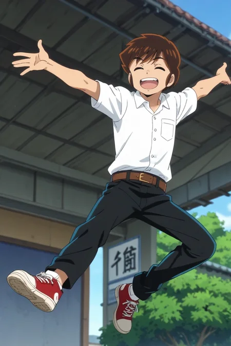 score_9, score_8_up, score_7_up,score_6_up,score_5_up,score_4_up,source_anime,BREAK, rating_safe, intricate details, , anime screencap, anime coloring, official style, depth of field,1boy, solo, male focus,<lora:ataru:0.87> ,ataru moroboshi,brown hair,dark brown eyes,short hair,hair between eyes,smile, open mouth, shirt, brown hair, school uniform, white shirt, full body, closed eyes, short sleeves, heart, shoes, pants, belt, black pants, ^ ^, outstretched arms, sneakers, red footwear, jumping, brown belt,from below,outdoor  , , , <lora:sdxl_lightning_8step_lora_315544:1>