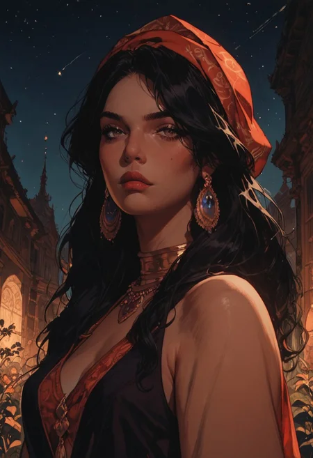 score_9, score_8_up, score_7_up, half Body of a gypsy spanish woman in flamenco clothes, charismatic, curvy, aesthetic , Mysterious, dark, moody, dark fantasy style, outdoor, night, perfect composition