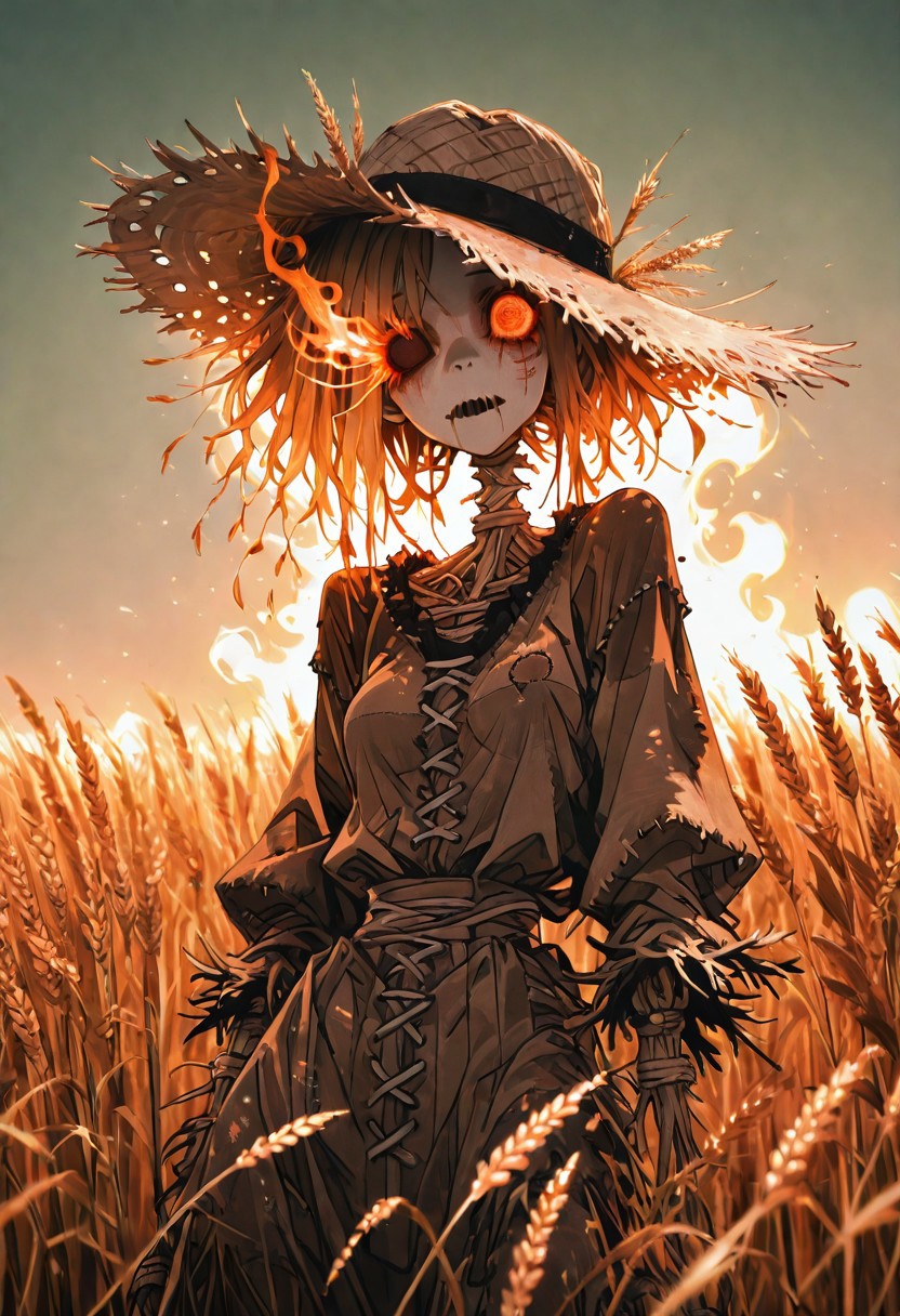 1 girl , scarecrow , empty eye , flaming eye , flaming , wheat field , straw hat , sewed mouth , stitching mark , 
masterpiece, best quality, amazing quality,