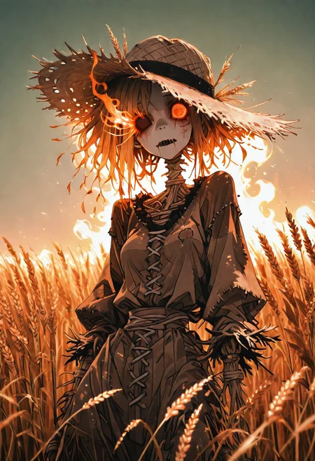 1 girl , scarecrow , empty eye , flaming eye , flaming , wheat field , straw hat , sewed mouth , stitching mark ,
masterpiece, best quality, amazing quality,