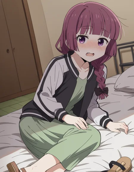 score_9, score_8_up, score_7_up, source_anime,
kikurihiroi, <lora:kikuri-hiroi-s1-ponyxl-lora-nochekaiser:1>,
kikuri hiroi, black bow, blunt bangs, braid, purple eyes, fang, hair bow, hair over shoulder, long hair, purple hair, sidelocks, single braid,
black jacket, brown footwear, collarbone, dress, green dress, jacket, long sleeves, open clothes, open jacket, raglan sleeves, sandals, white sleeves,
indoors, bed, bed room, on side, blush, drunk,
cowboy shot, solo, dutch angle, looking at viewer,