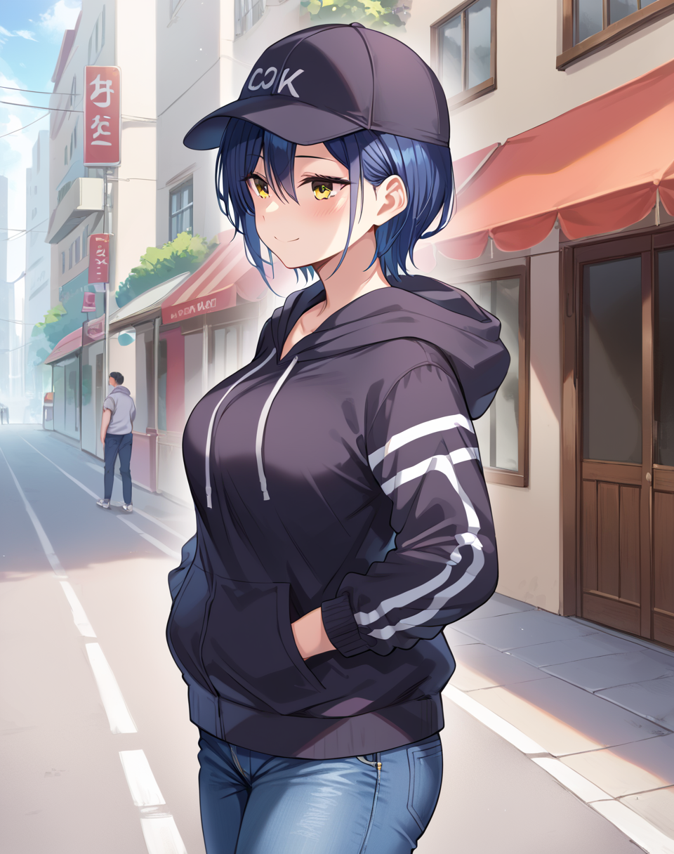 takane sora, blue hair, short hair, yellow eyes, breasts, black hoodie, jeans, hood down, baseball cap BREAK outdoors, city street BREAK cowboy shot, shy smile, cool look, neutral face, from side, looking at side, hands in pockets BREAK score_9, score_8_up, score_7_up, source_anime ,zPDXL<lora:Takane_Sora:0.8>
