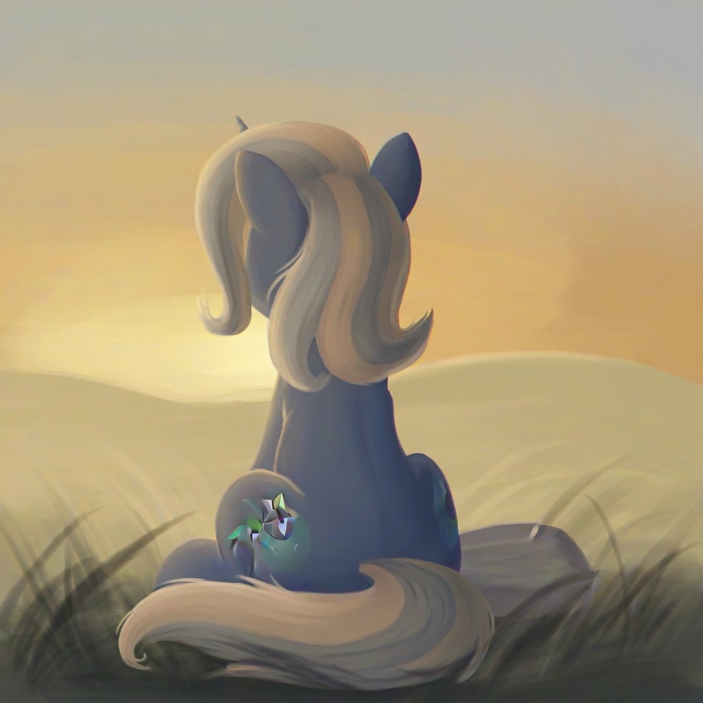 Trixie Lulamoon, unicorn, whole body view, outside, sitting, feral propotions, quadrupedal, perfect hooves, perfect ears, perfect head, perfect neck