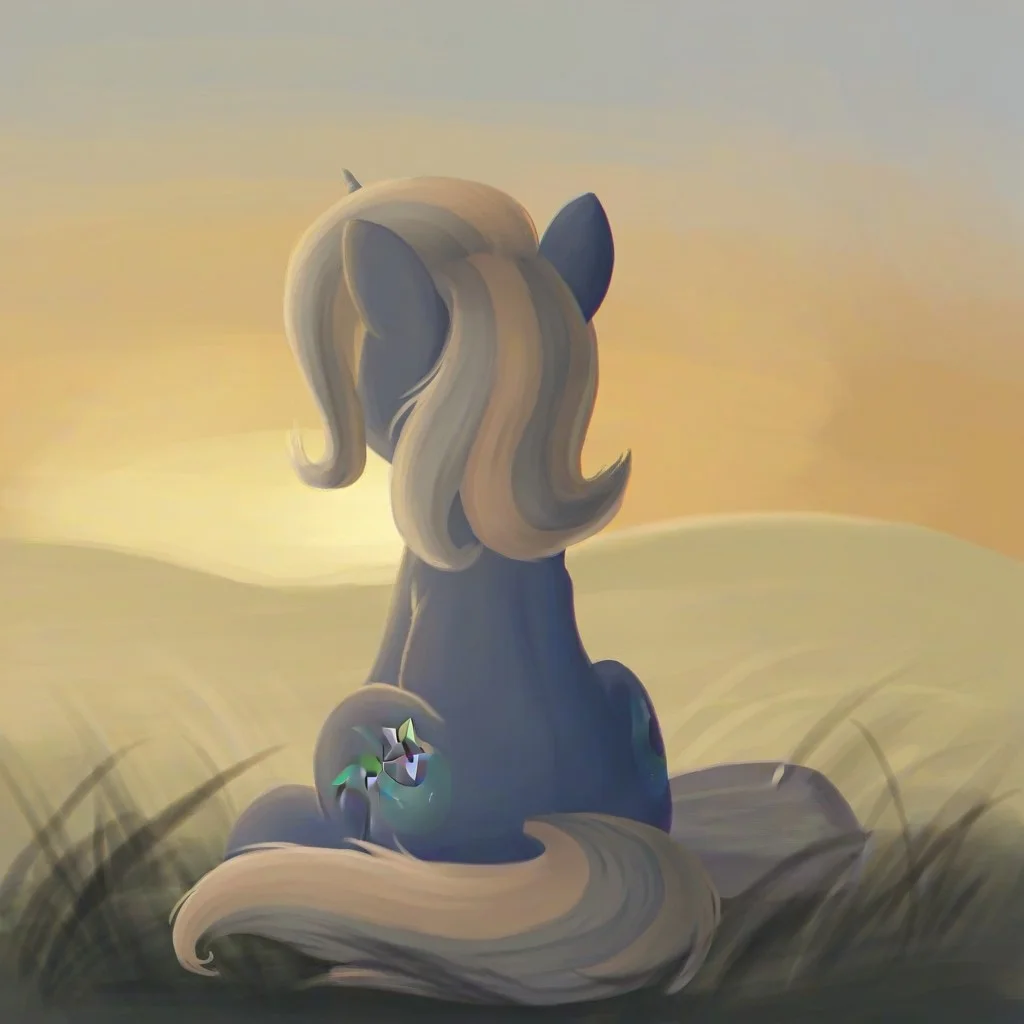 Trixie Lulamoon, unicorn, whole body view, outside, sitting, feral propotions, quadrupedal, perfect hooves, perfect ears, perfect head, perfect neck