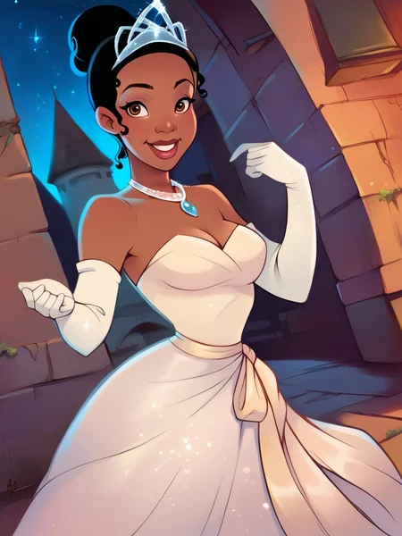 score_9, score_8_up, score_7_up, score_6_up, 1girl, hair bun, dark-skinned female, castle, bare shoulders, white dress, long skirt, princess, necklace, elbow gloves, tiara, cleavage, curvy, medium breasts, narrow waist, wide hips, thick thighs, looking at viewer, dynamic angle, cowboy shot, dynamic pose, smile, cute, wide shot, realistic, cartoon, sexually suggestive, vegetation, night, lamppost, star \(sky\), 
 <lora:TianaXLP_character:1>TianaXLP
