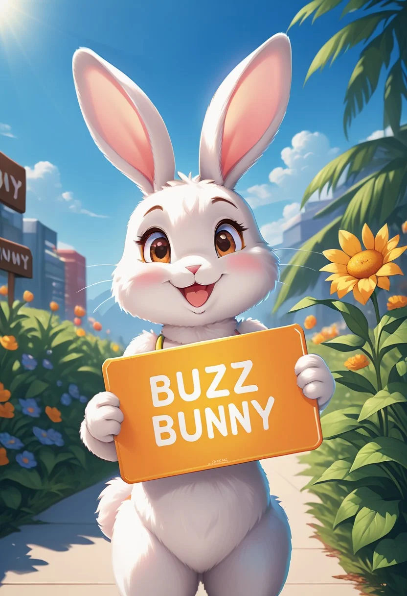 Smiling bunny, looking at viewer, holding a sign that says "BUZZ Bunny”, text, sunny days.