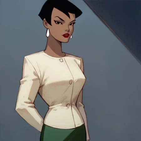 score_9, score_8_up, score_7_up, 1girl, solo, lipstick, black hair, short hair, black eyes, dark skin,  jacket, pencil skirt, earrings, Angela Chen (dc), looking at viewer