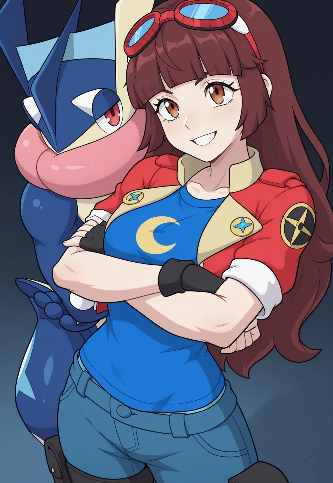masterpiece, best quality, newest, absurdres, highres, luna-utopus, long hair, brown hair, brown eyes, blunt bangs, fingerless gloves, red jacket, eyewear on head, black gloves, open jacket, cropped jacket, goggles on head, blue shirt, crescent on shirt, short sleeves, greninja, standing, crossed arms, back to back, posing, smile, grin, confident,
