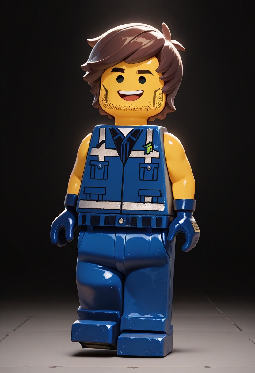 score_9, score_8_up, score_7_up, masterpiece, best quality, amazing quality, Rexdanger, 1boy, solo, facial hair, dark brown hair, yellow skin, black eyes, dot eyes, blue construction vest, blue construction pants with silver lined on the back front and underneath hips, silver-lined construction vest, dark blue gloves, dark blue wristbands, 1boy, male focus, brown hair, blue gloves, solo, smile, gloves, facial hair, open mouth, shirt, vest, full body, pants, upper teeth only, teeth, blue pants, short hair