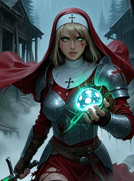 absurdres, high detail, cinematic lighting, dynamic pose, dramatic pose, ethereal glow, dark fantasy, masterpiece, dynamic perspective, medieval fantasy, intricate armor, heavy rain, heavy wind,
BREAK
1girl, solo, warrior nun, bloodied, battle scars, eye trails, intense gaze, solemn expression, medium copper hair color hair, wispy bangs, long flowing hair, tattered habit, torn clothes, ripped clothes, crimson-stained robes
BREAK
glowing warhammer, sacred warrior, blood splatter, blood on face, blood on clothes, 
BREAK
outdoors, ruins, war-torn, an enchanted forest, with glowing mushrooms, winding dirt paths, and wooden cabins nestled among the towering trees, ominous atmosphere, divine aura, fog, foggy battlefield
BREAK
IllusP0s
<lora:slau_n11:1>
<lora:FantasyKnightsIL:0.35>
<lora:SDXL - Dark Slider:0.35>
<lora:SDXL - Detailed Eyes v3.0:0.8>   
<lora:SDXL - Dynamic Poses  v1.0:2.0>