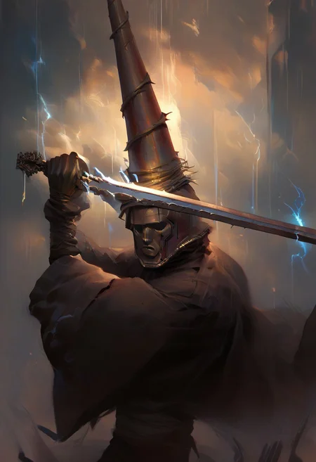 score_9, score_8_up, score_7_up, 1man, tall conical helmet, metal facial mask, pauldron, expressionless,   holding weapon, holding sword, blue electricity, cleavage, black dress, sleeves,