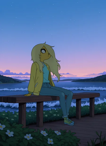 artist:, masterpiece, best quality, newest, very awa, absurdres, highres, advt, 1girl, brnv, smile, yellow skin, large eyes, blonde hair, white coat, looking away, sitting, evening, lake, wooden pier, bushes, waves, wind, vibrant sky, stars, moon, horizon, detailed