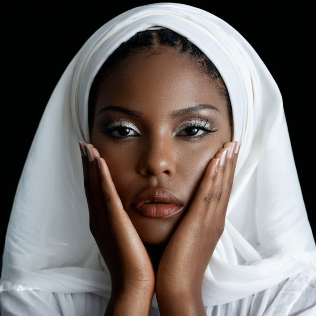 glamorous photo of  <lora:glamour photography style:0.8> sharp detailed
<lora:add-detail-xl:1>1
 <lora:TeethXL:1>
 <lora:eyetune:1>
An award winning Glamour photo of a black woman with a bright white head scarf covering her face,1girl,solo,monochrome,greyscale,lips,close-up,realistic , cinematic photography, film style, kodak film style, kodak motion picture, sharp, detailed, film color, different colors, detailed color, detailed background, detailed environment, creative, different, unique, awesome, high quality, 8k, film saturation, film contrast, Celluloid film, film still, movie still, cinematic light, different lighting, glamour photography style, high fashion, luxurious, extravagant, stylish, sensual, opulent, elegance, stunning beauty, professional, high contrast, detailed